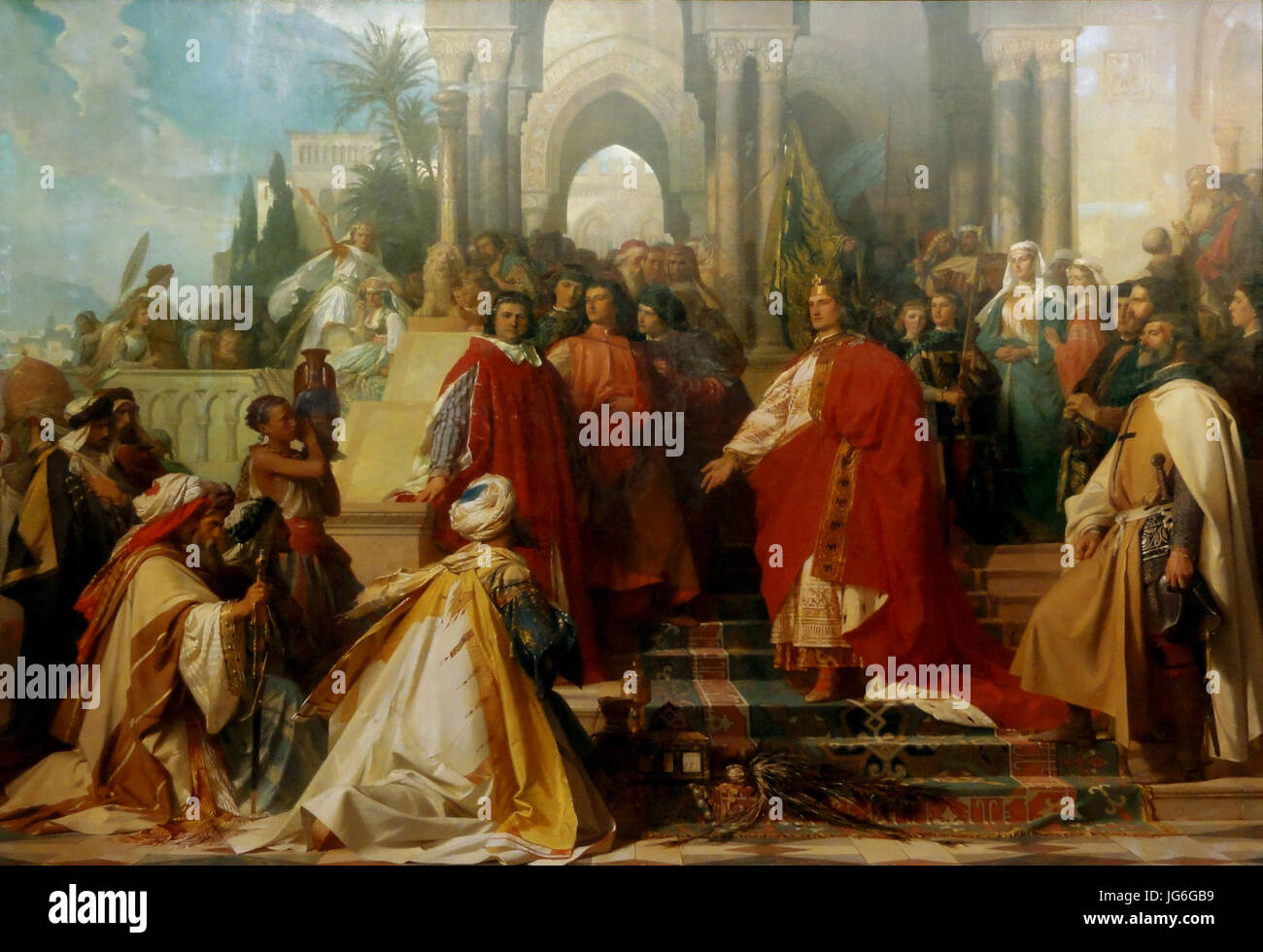 Ramberg, Arthur Georg von Der Hof Kaiser Friedrichs II Zu Palermo 1865 - Perspektive korrigiert Stockfoto