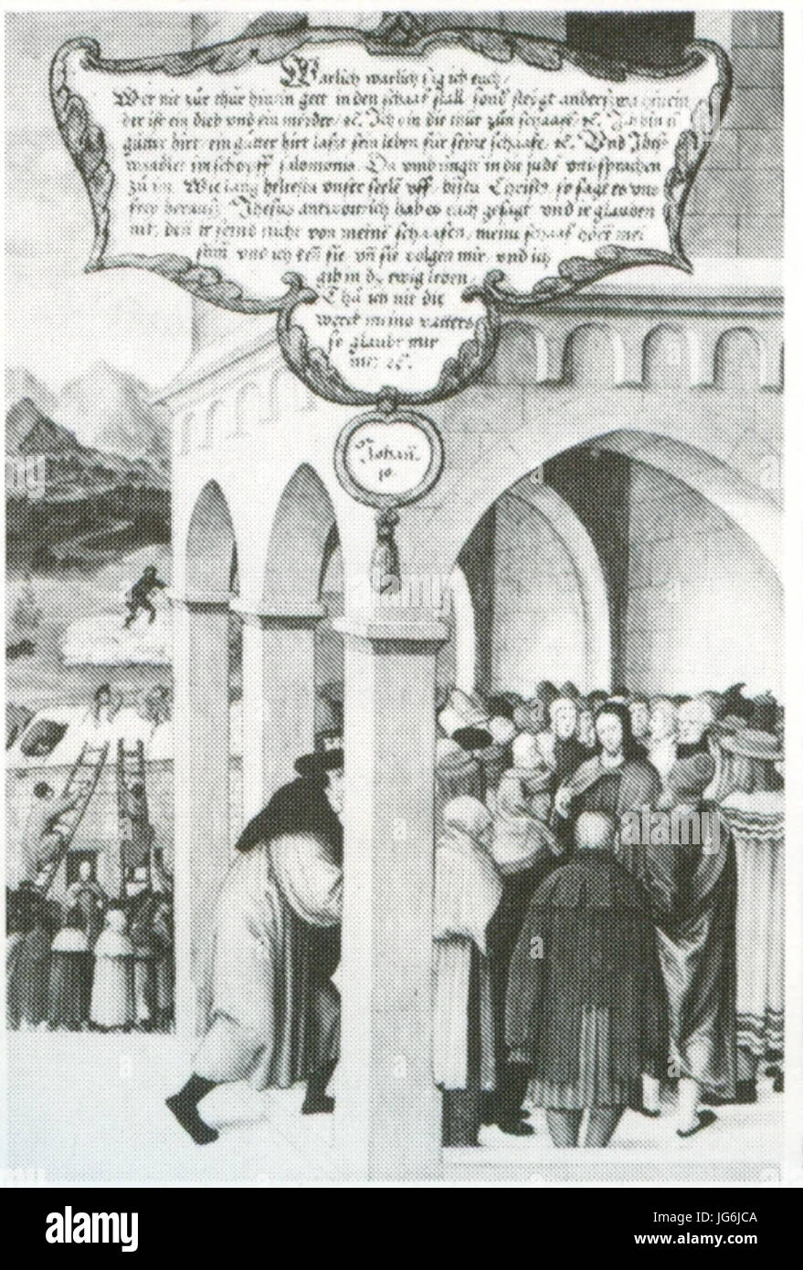 Ein Hinweis auf ein Altarbild aus der Renaissance, wahrscheinlich aus dem 14. Jahrhundert, das möglicherweise an das Werk des Künstlers Füllmaurer gebunden ist, das sich in einer Altarfassung befindet. Stockfoto