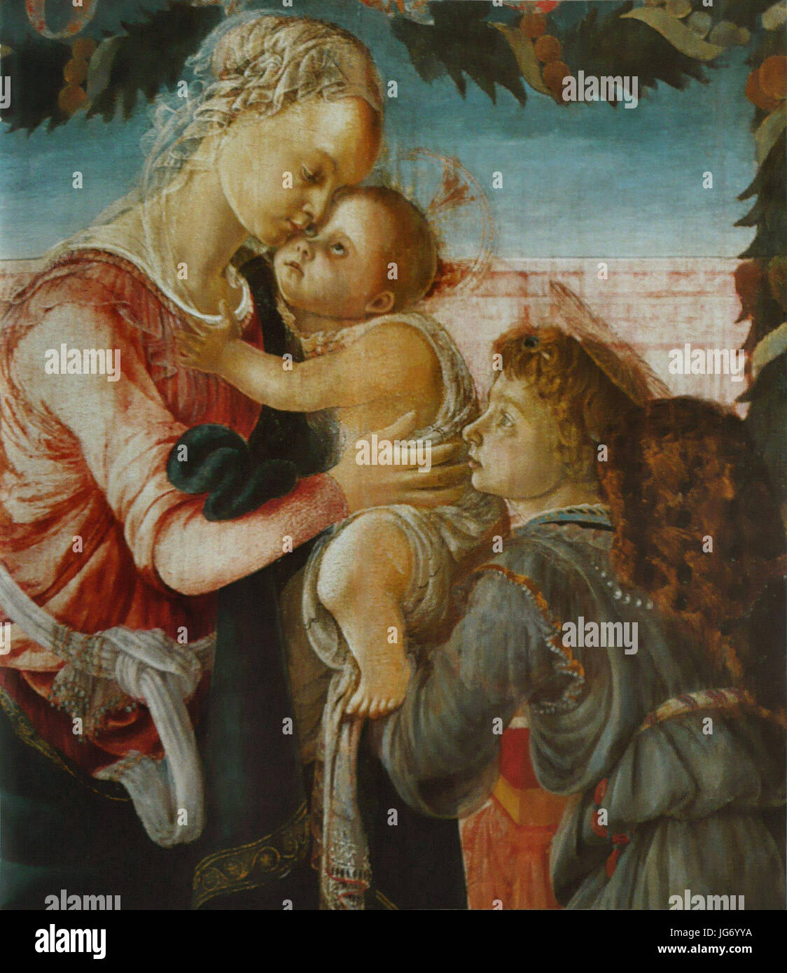 Ein Werk von Sandro Botticelli mit dem Titel Vierge, l'Enfant et un ange, das wahrscheinlich die Jungfrau Maria, den Jesuskinder und einen Engel darstellt. Das Stück ist Teil der religiösen Kunstsammlung Botticellis. Stockfoto