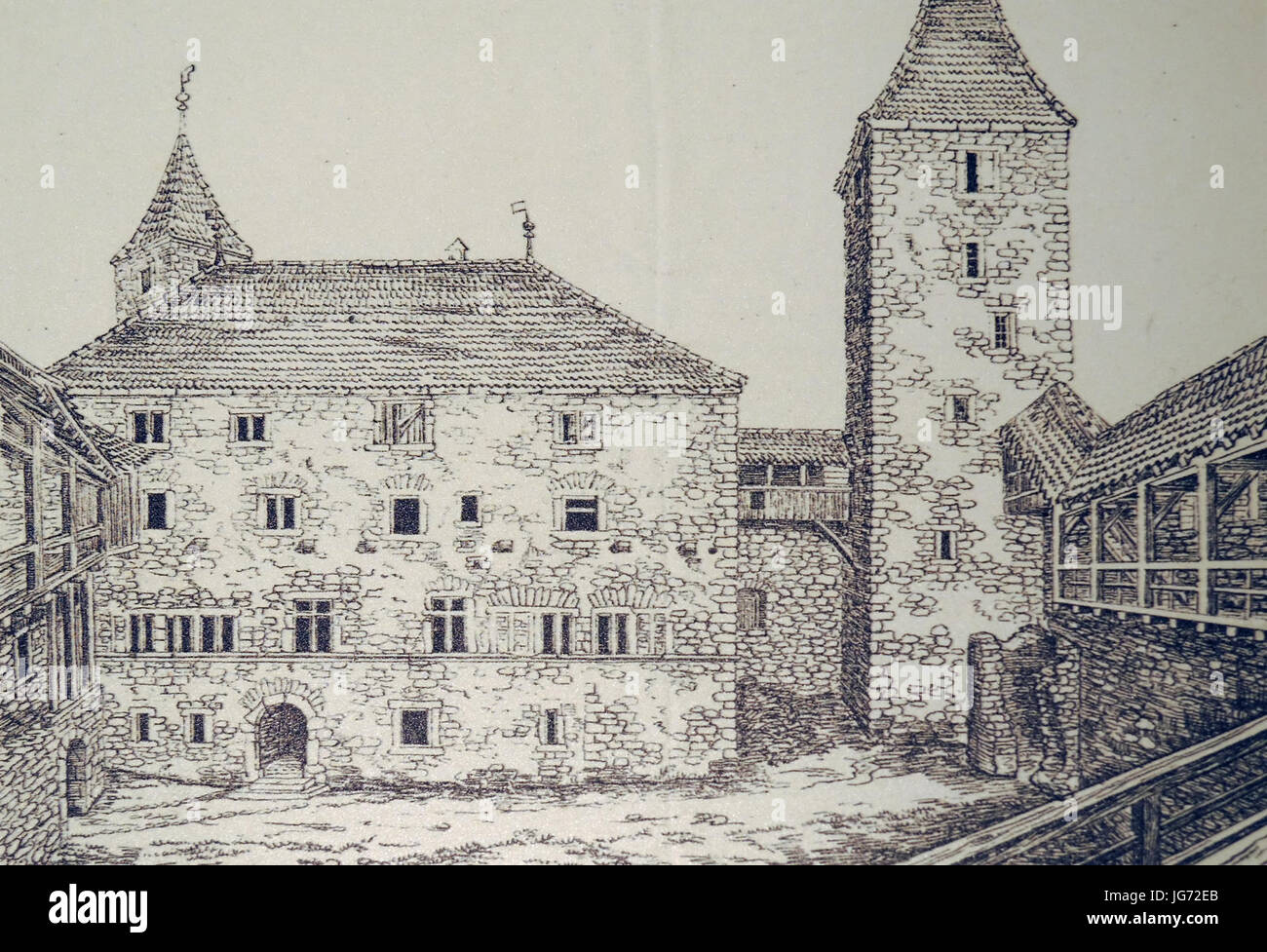 Schloss Rapperswil, Hofansicht von Palas Und Gügelerturm in Ruinösem Formgebung, Zeichnung von Ferdinand Keller, Umm 1848 2012-12-01 16-51-23 (P7700) Stockfoto