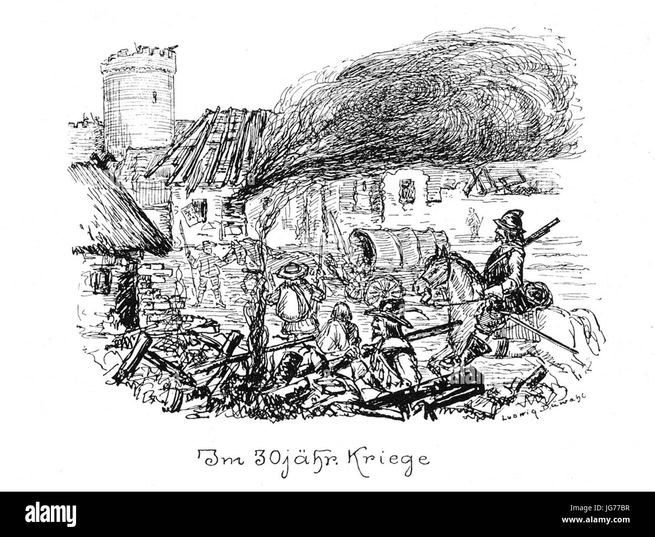 Soldaten im Dreißigjährigen Krieg an der Burg Plau von Ludwig Düwahl Stockfoto