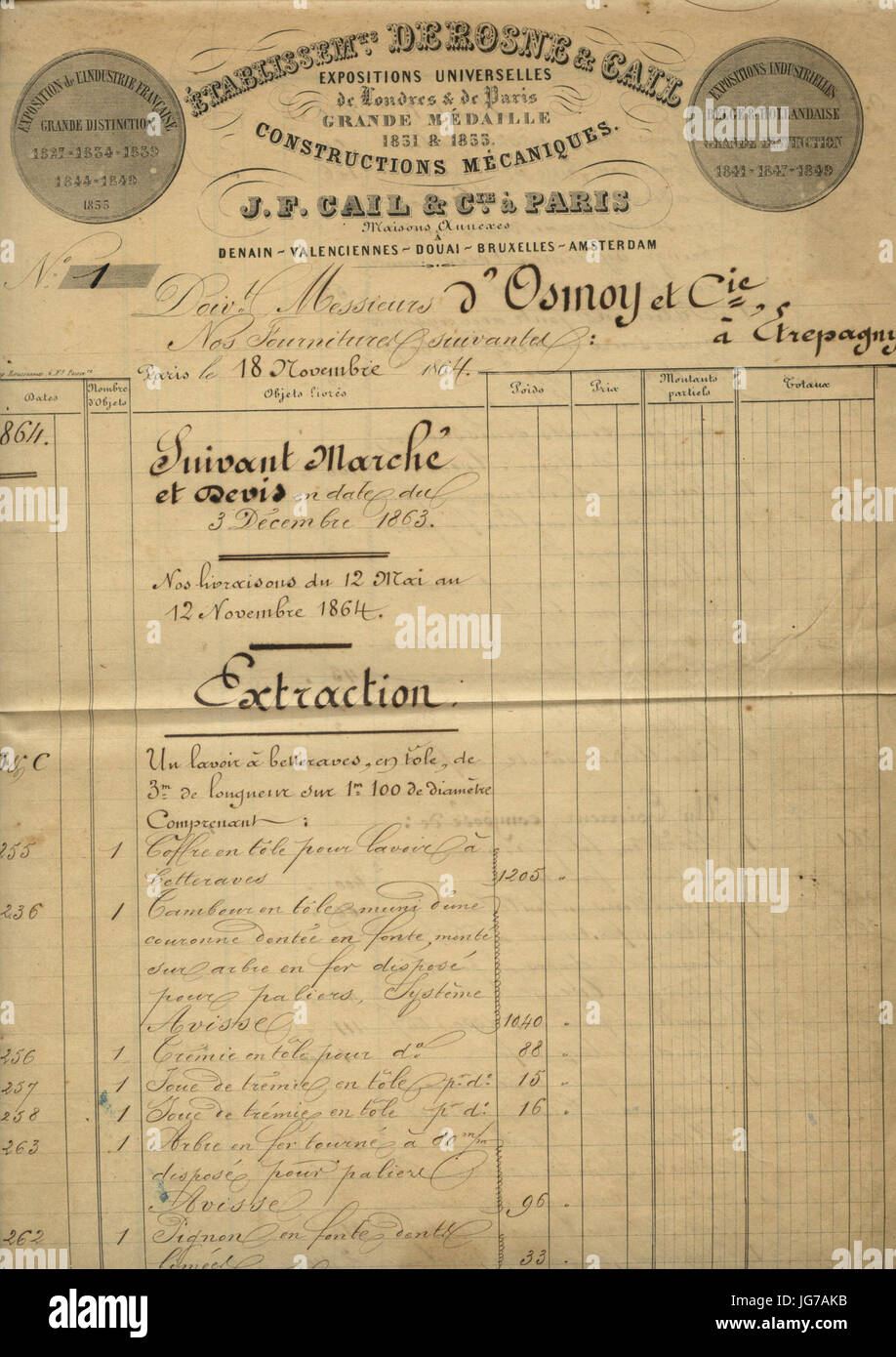 Marché et Devis En Date du 3 Décembre 1863 Stockfoto
