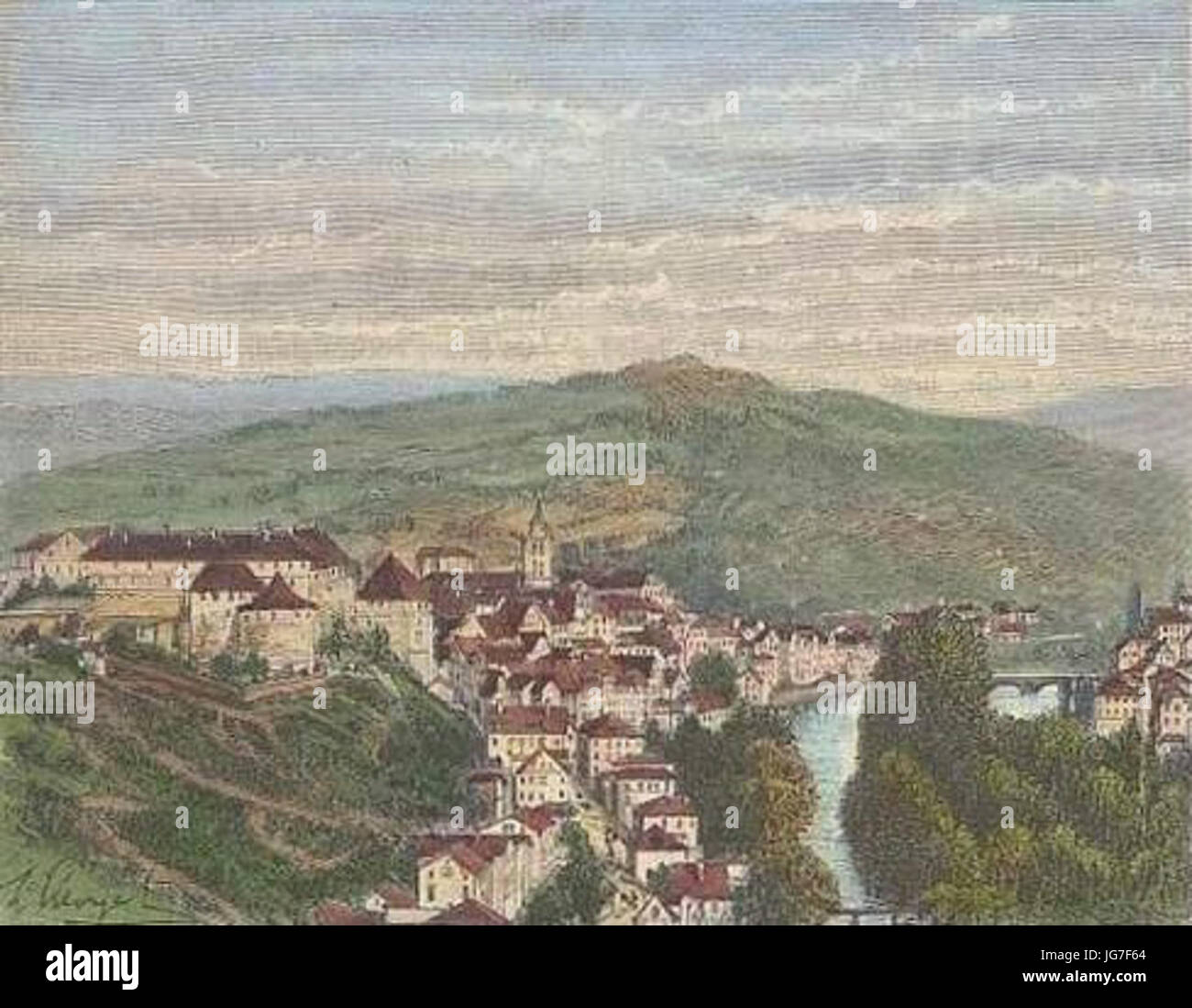 Tübingen Gesamtansicht Kolorierter Holzstich aus Malte-Brun um 1880 Stockfoto
