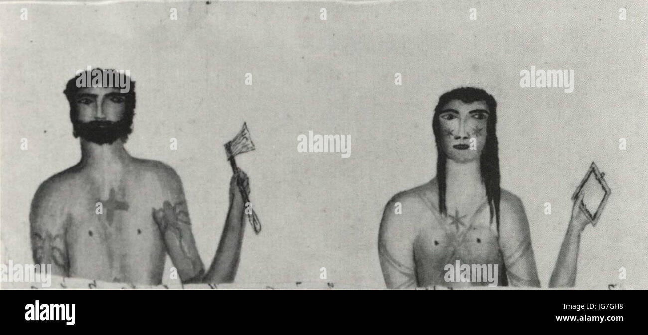 Tätowiert oder gemalt Rapa Nui Mann und Frau (genannt Te'ree) mit Handelsgütern. Zeichnung von Captain Charles Bishop, 1795 Stockfoto