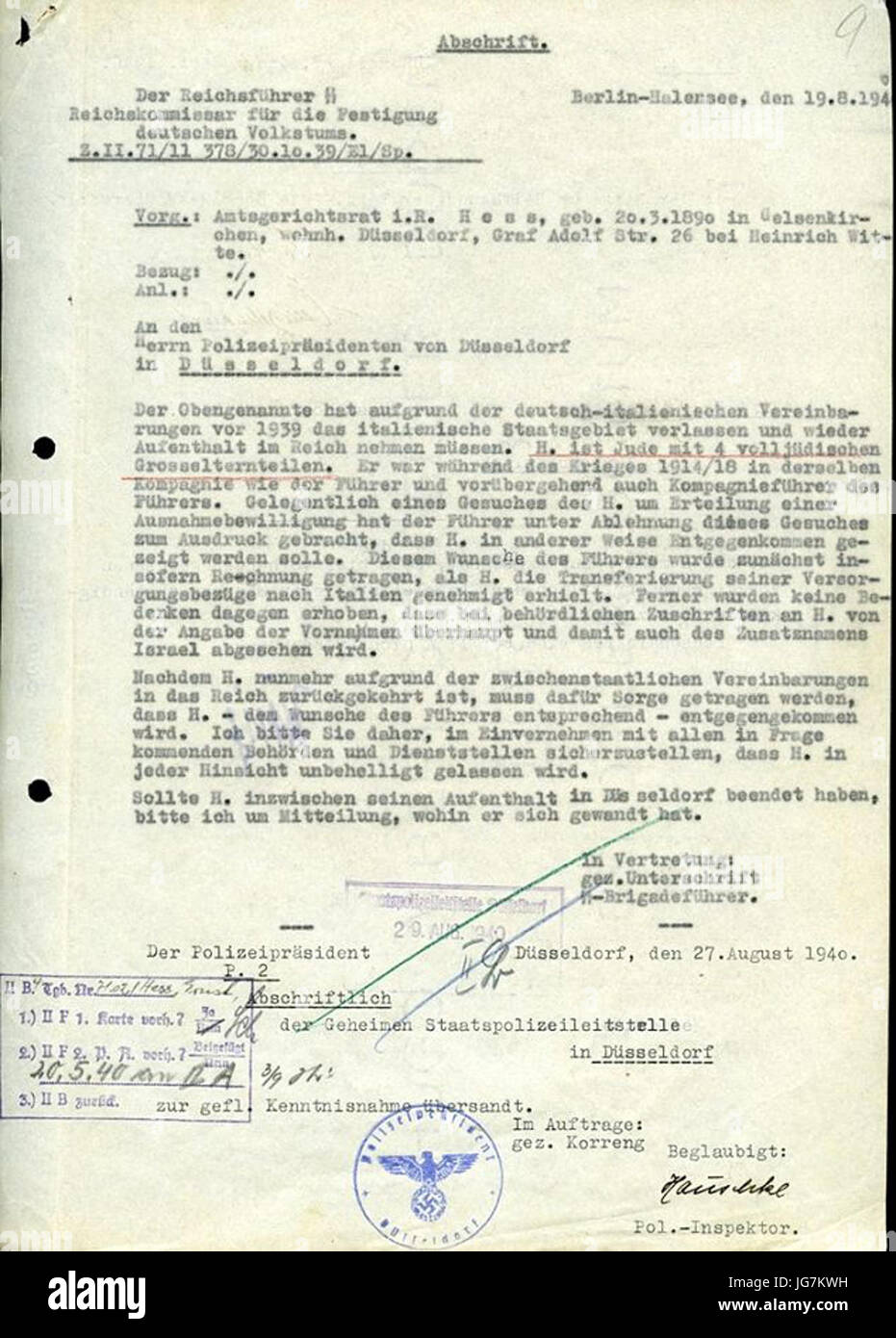 Das schreiben die von Heinrich Himmler gesendet wurde vom August 1940 Gewährung Hess "Entlastung und Schutz nach Wünschen des Führers" Stockfoto