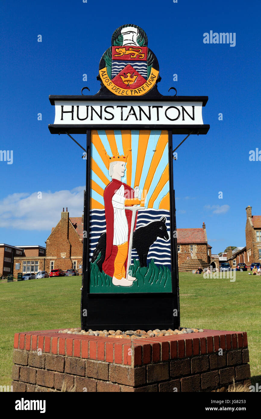 Hunstanton Ortstafel, St. Edmund und der Wolf Stockfoto