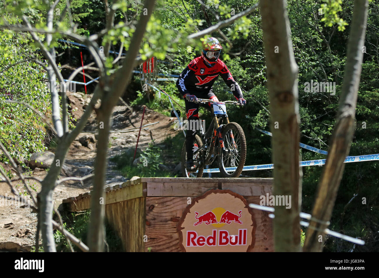 Fort William, Schottland. 4. Juni 2017. Neko Mullally bei der Mountain Bike Downhill World Cup. Stockfoto