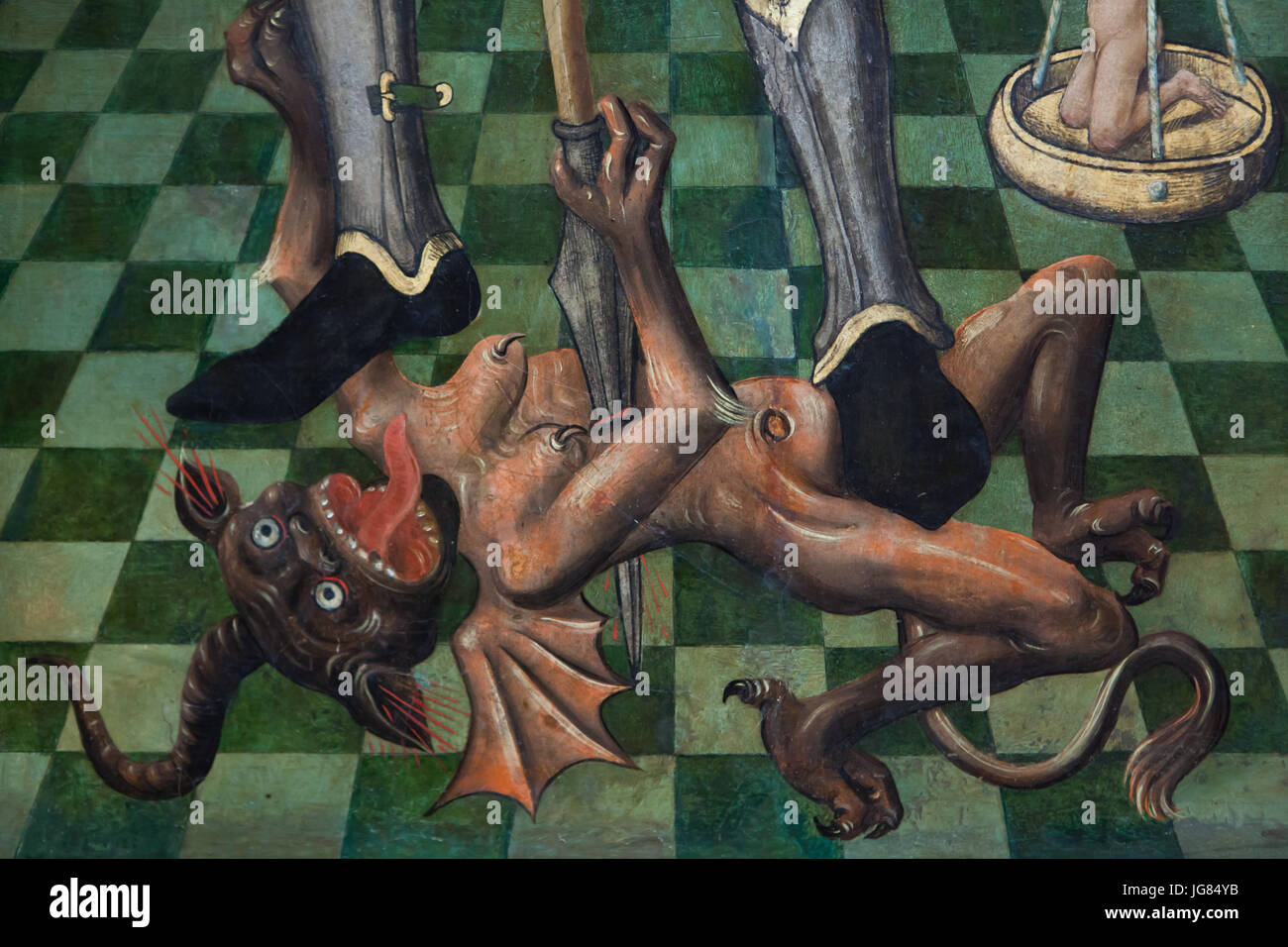 Satan besiegt von Erzengel Michael. Detail des Gemäldes von Maestro de Osma aus der Zeit um 1500 datiert, die in den Diözesen und Kathedrale Museum (Museo Diocesano y Catedralicio de Valladolid) in Valladolid in Kastilien-León, Spanien. Stockfoto