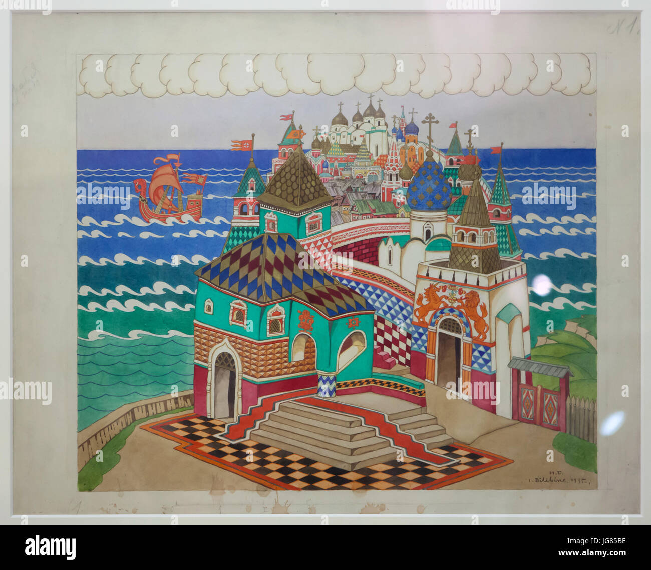 Stage Design von russischen Künstler Ivan Bilibin für die Oper "Die Märchen von Zaren Saltan" von Nikolai Rimski-Korsakow (1935) auf der Ausstellung "Die Erfahrung des Exils" in Prag, Tschechische Republik. Die Ausstellung widmet sich die Auswanderung aus dem ehemaligen russischen Reich in die Tschechoslowakei läuft im Star Sommerpalast (Letohrádek Hvězda) bis 29. Oktober 2017. Die Oper mit szenischen und Kostüm design von Ivan Bilibin mit Hilfe seiner Frau, Alexandra Shchekotikhina-Pototskaya in der Národní Divadlo (Nationaltheater) durchgeführt wurde, in Prag im Jahre 1935. Stockfoto