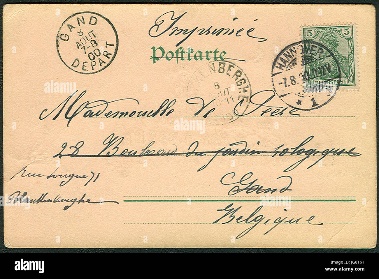 W. Hagelberg AG PC 035758 Dess. 2 L. D.R.G.M 88077 Gruß aus Hannover. Technische Hochschule Adressseite Imprimée Mademoiselle Te Seese Gand Belgique Stockfoto