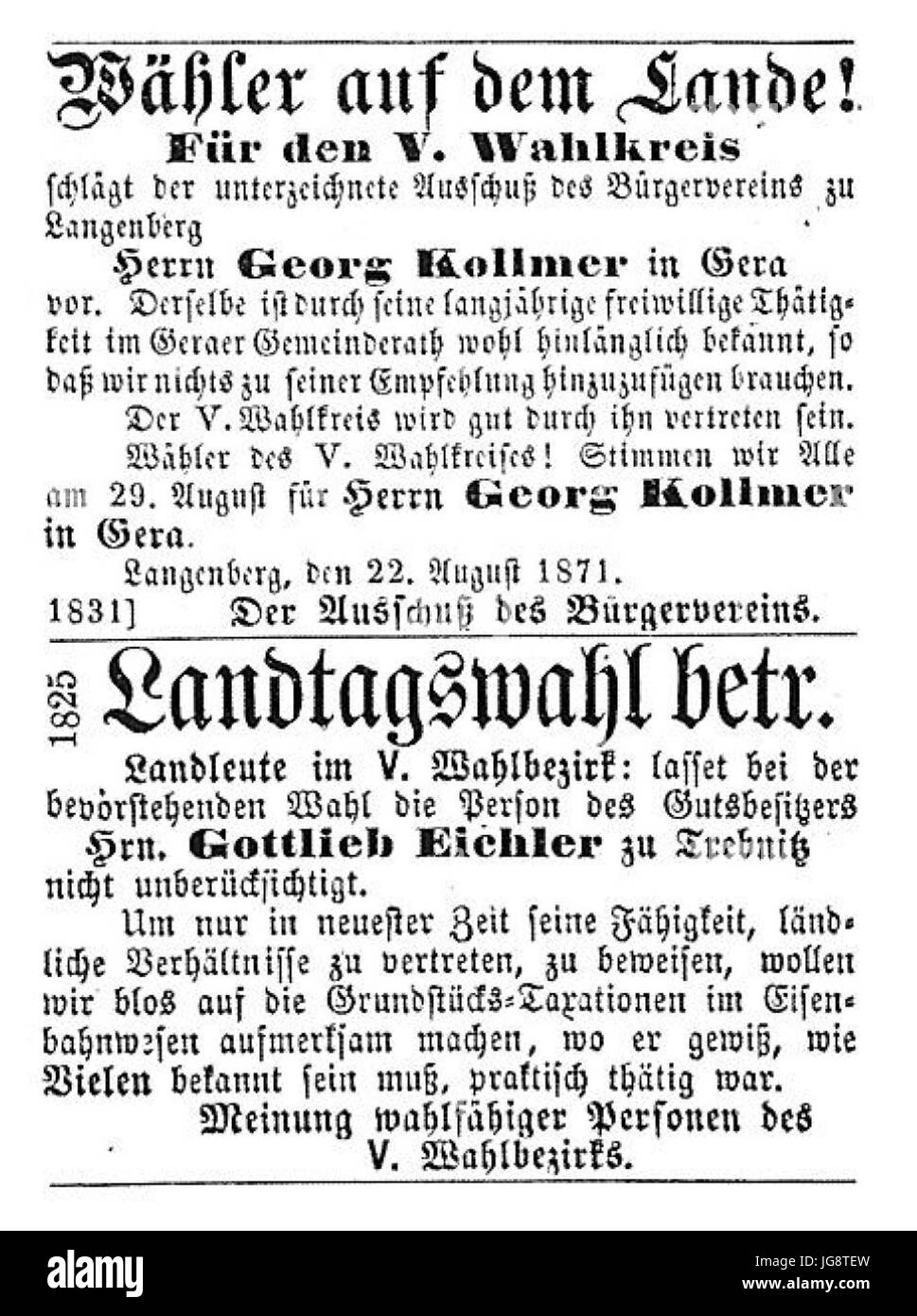 Wahlanzeige Landtag Reuß Jüngerer Linie 1871 Stockfoto