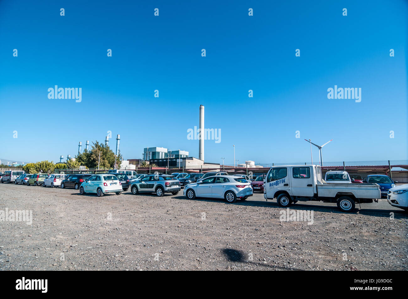 Parkplatz des Wärmekraftwerk des Barranco de Tirajana in Gran Canaria, Kanarische Inseln, Spanien Stockfoto