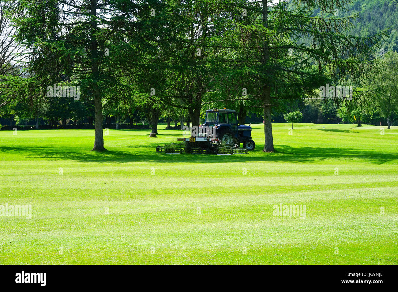 Schneiden die Rasen auf einem Golfplatz, North Wales, UK. Stockfoto