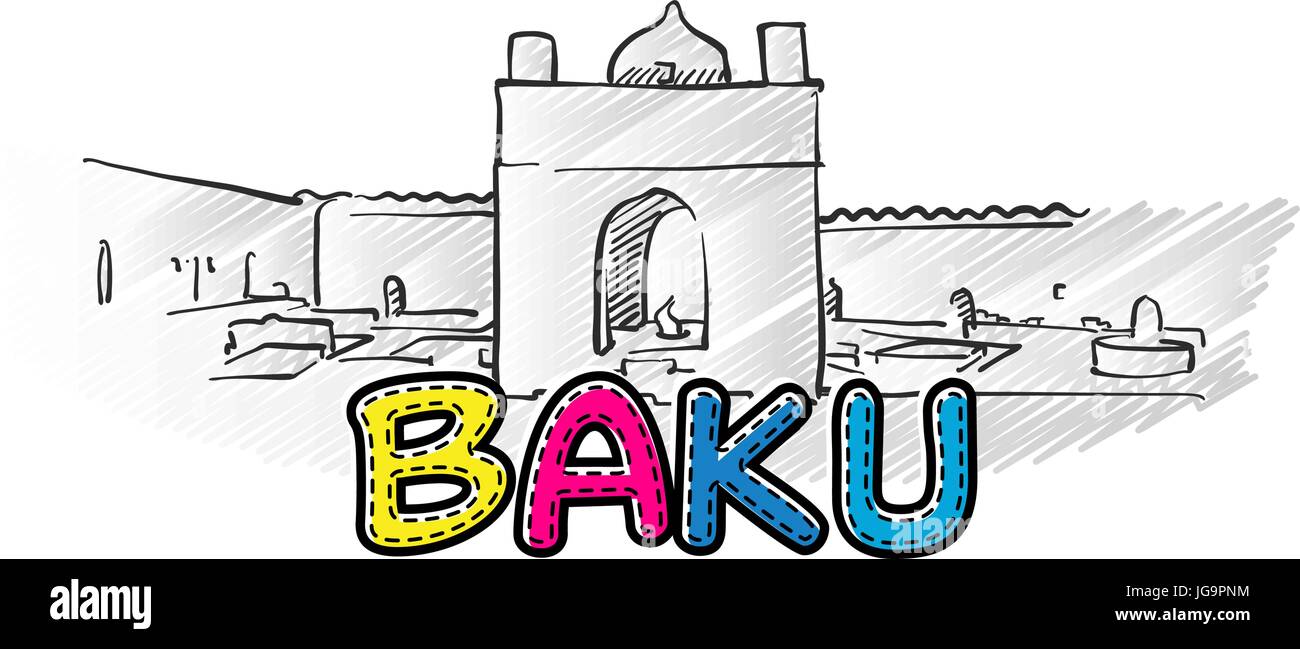 Baku schöne skizzierte Ikone, Famaous handgezeichneten Wahrzeichen, Stadt Name Schriftzug, Vektor-illustration Stock Vektor