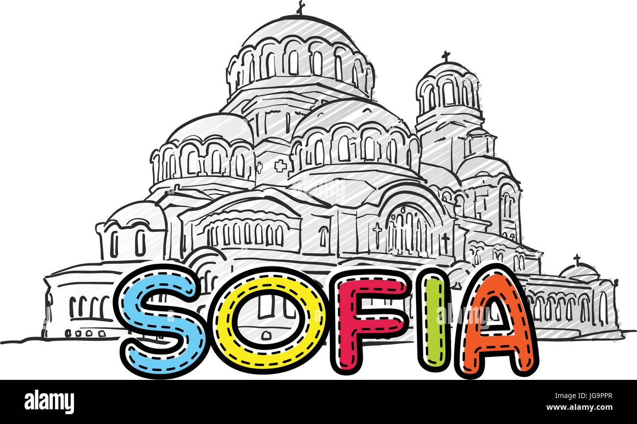 Sofia schön skizziert Famaous handgezeichneten Wahrzeichen, Stadt Name Schriftzug, Symbol, Vektor-illustration Stock Vektor