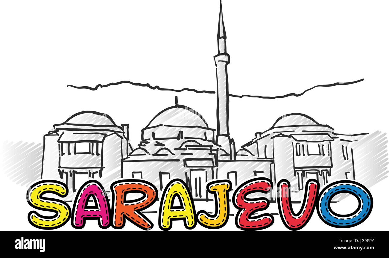 Sarajevo schöne skizzierte Ikone, Famaous handgezeichneten Wahrzeichen, Stadt Name Schriftzug, Vektor-illustration Stock Vektor