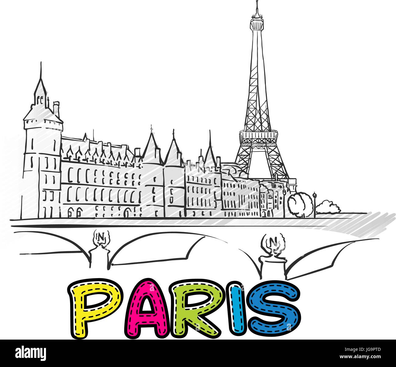Paris schön skizziert Famaous handgezeichneten Wahrzeichen, Stadt Name Schriftzug, Symbol, Vektor-illustration Stock Vektor
