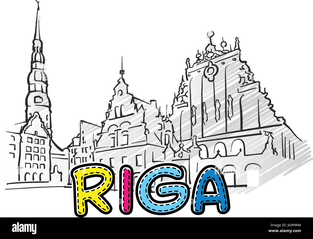 Riga schöne skizzierte Ikone, Famaous handgezeichneten Wahrzeichen, Stadt Name Schriftzug, Vektor-illustration Stock Vektor
