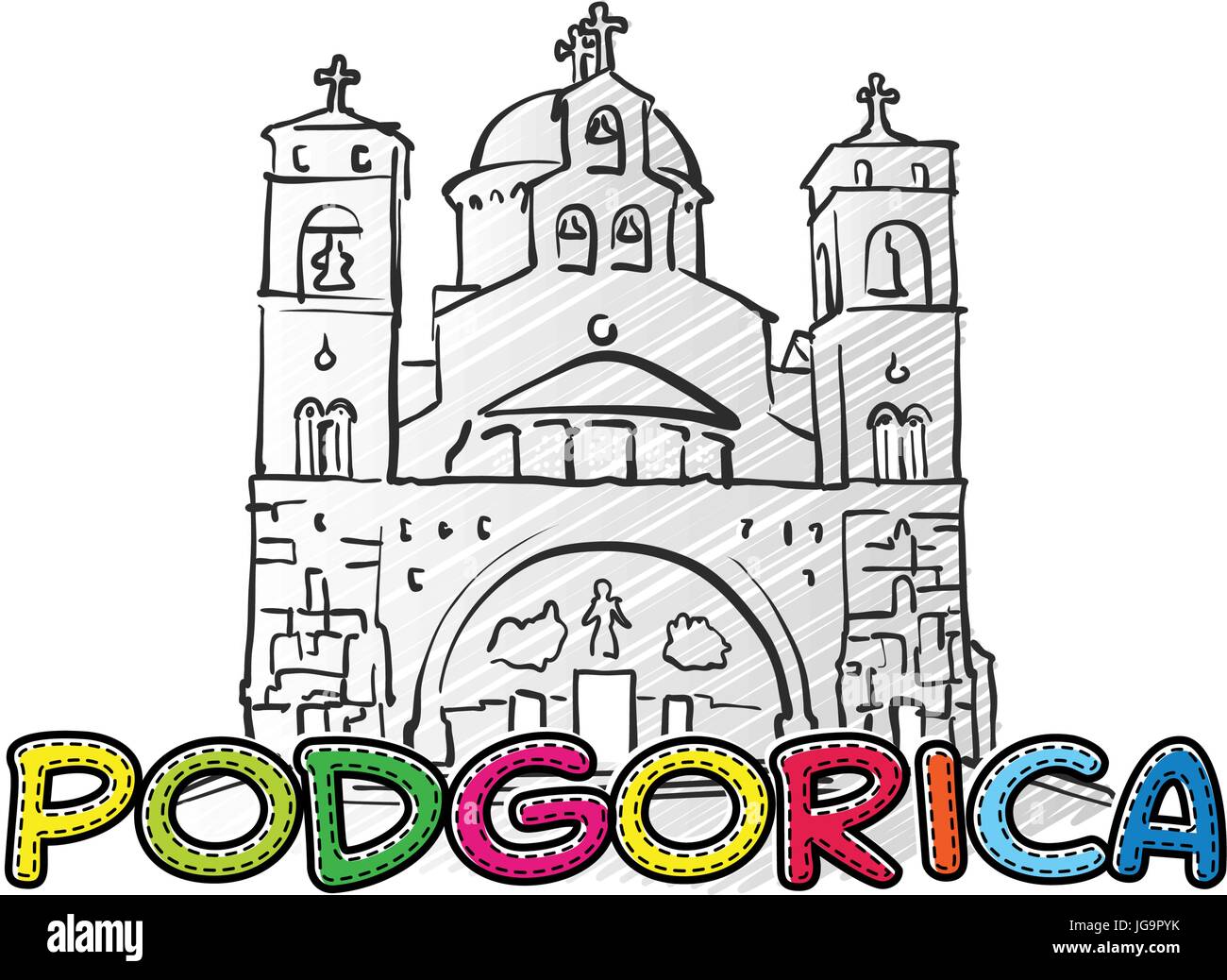 Podgorica schöne skizzierte Ikone, Famaous handgezeichneten Wahrzeichen, Stadt Name Schriftzug, Vektor-illustration Stock Vektor