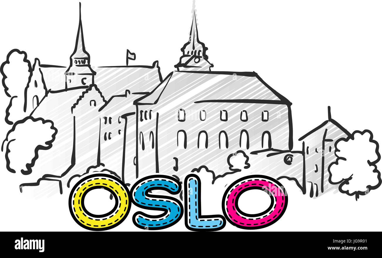 Oslo schöne skizzierte Ikone, Famaous handgezeichneten Wahrzeichen, Stadt Name Schriftzug, Vektor-illustration Stock Vektor