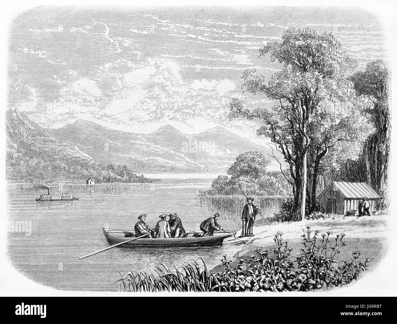 Alte Ansicht des Lake Champlain, Vereinigte Staaten von Amerika. Erstellt von Grandsire nach Deville, veröffentlicht am Le Tour du Monde, Paris, 1861 Stockfoto
