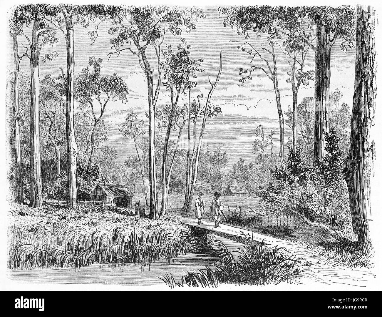 Alte Ansicht der Dalry Station Landschaft, Bundesstaat Victoria, Australien. Erstellt von Girardet und Gauchard, nach De Castella, veröffentlicht am Le Tour du Monde, P Stockfoto
