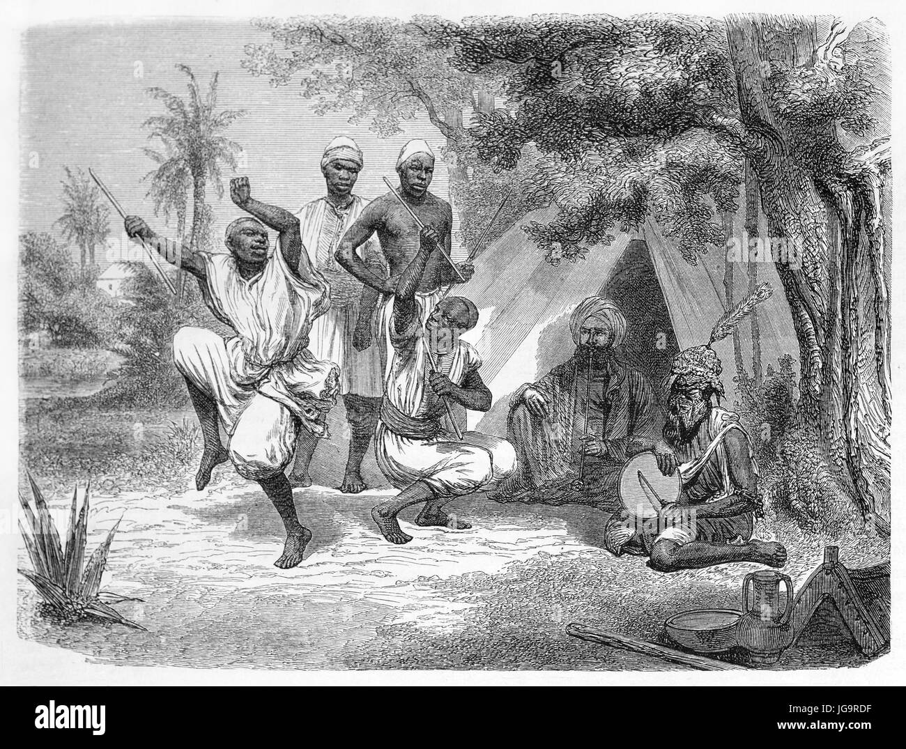 Alte Abbildung Darstellung afrikanischen ethnischen Tanz in Ezzeribé (?). Erstellt von Hadamard nach Foto von unbekannten Autor veröffentlicht am Par Le Tour du Monde Stockfoto