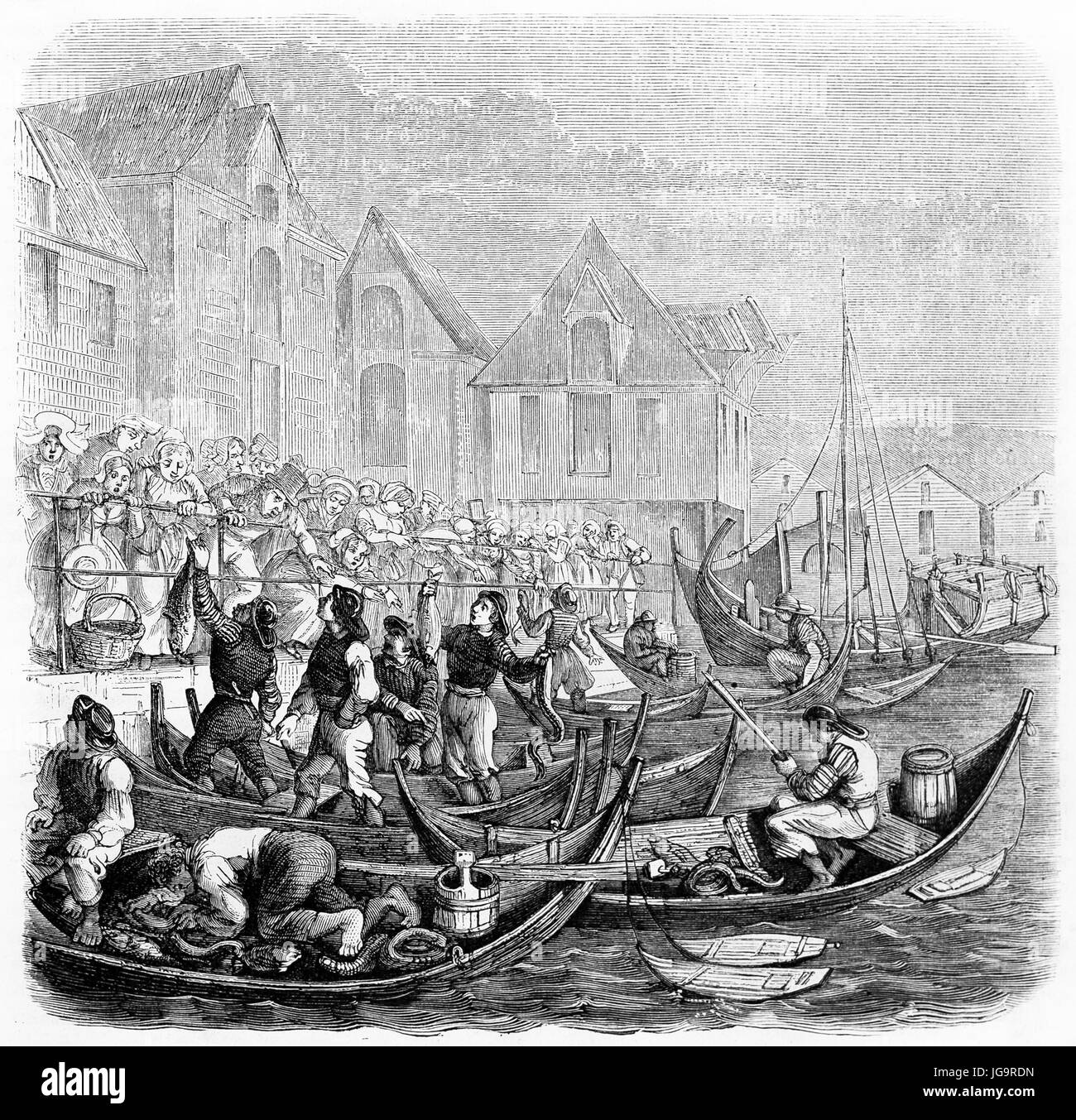 Alte Darstellung der Fischmarkt in Bergen, Norwegen. Erstellt von Saint-Blaise und Gauchard, veröffentlicht am Le Tour du Monde, Paris, 1861 Stockfoto