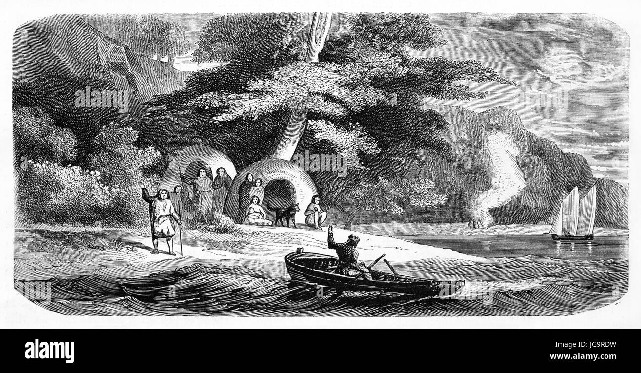 Alte Darstellung der Mann in einem Boot jubeln Fischer in der Nähe ihre Hütten, Patagonien. Erstellt von De Bèrard nach King und Fitzroy, veröffentlicht am Le Tour du Stockfoto
