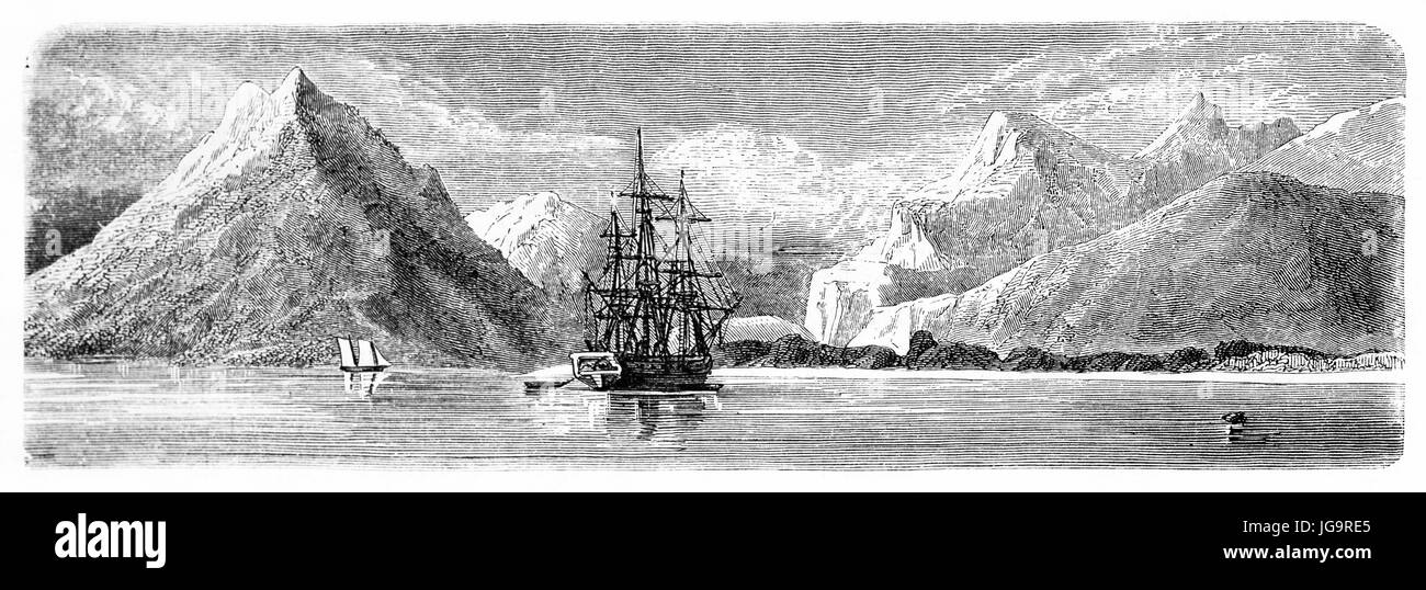 Alte Ansicht des Fortesque Bucht, Chile. Erstellt von De Bèrard, veröffentlicht am Le Tour du Monde, Paris, 1861 Stockfoto