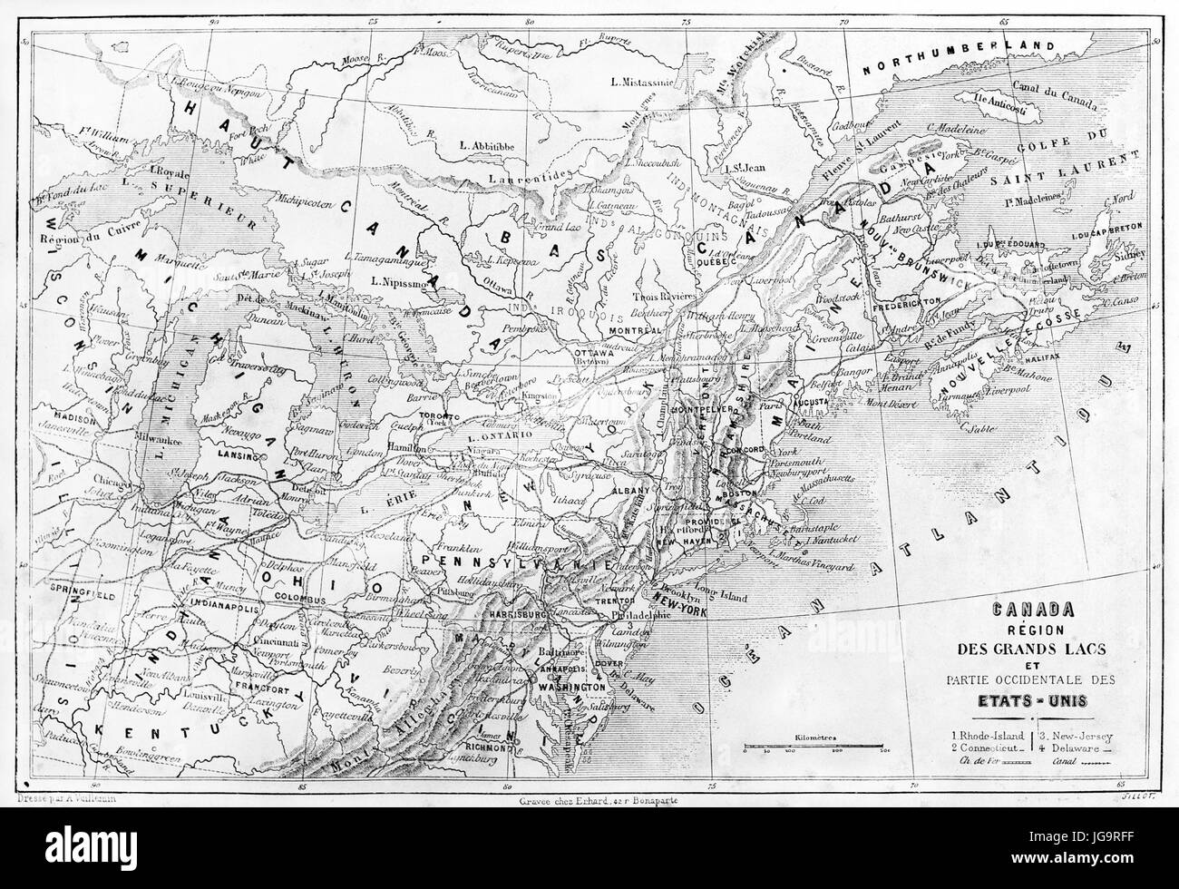Alte Karte der Region der großen Seen Nordamerikas. Erstellt von Erhard und Bonaparte, veröffentlicht am Le Tour du Monde, Paris, 1861 Stockfoto