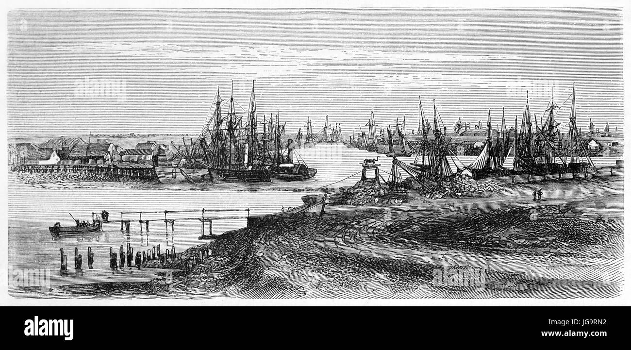 Horizontal orientierte Darstellung von Melbourne Seehafen, Australien, voll von angedockten Schiffen. Antikes Grauton Radierung Stil Kunst von Lancelot, 1861 Stockfoto