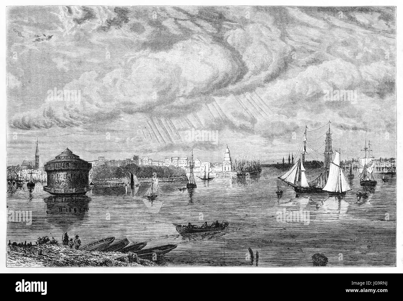 New York alten Hafeneingang, große Seeslandschaft mit Schiffen nähern sich an Land. Alte graue Ton Radierung Stil Kunst von Huet, Le Tour du Monde, 1861 Stockfoto