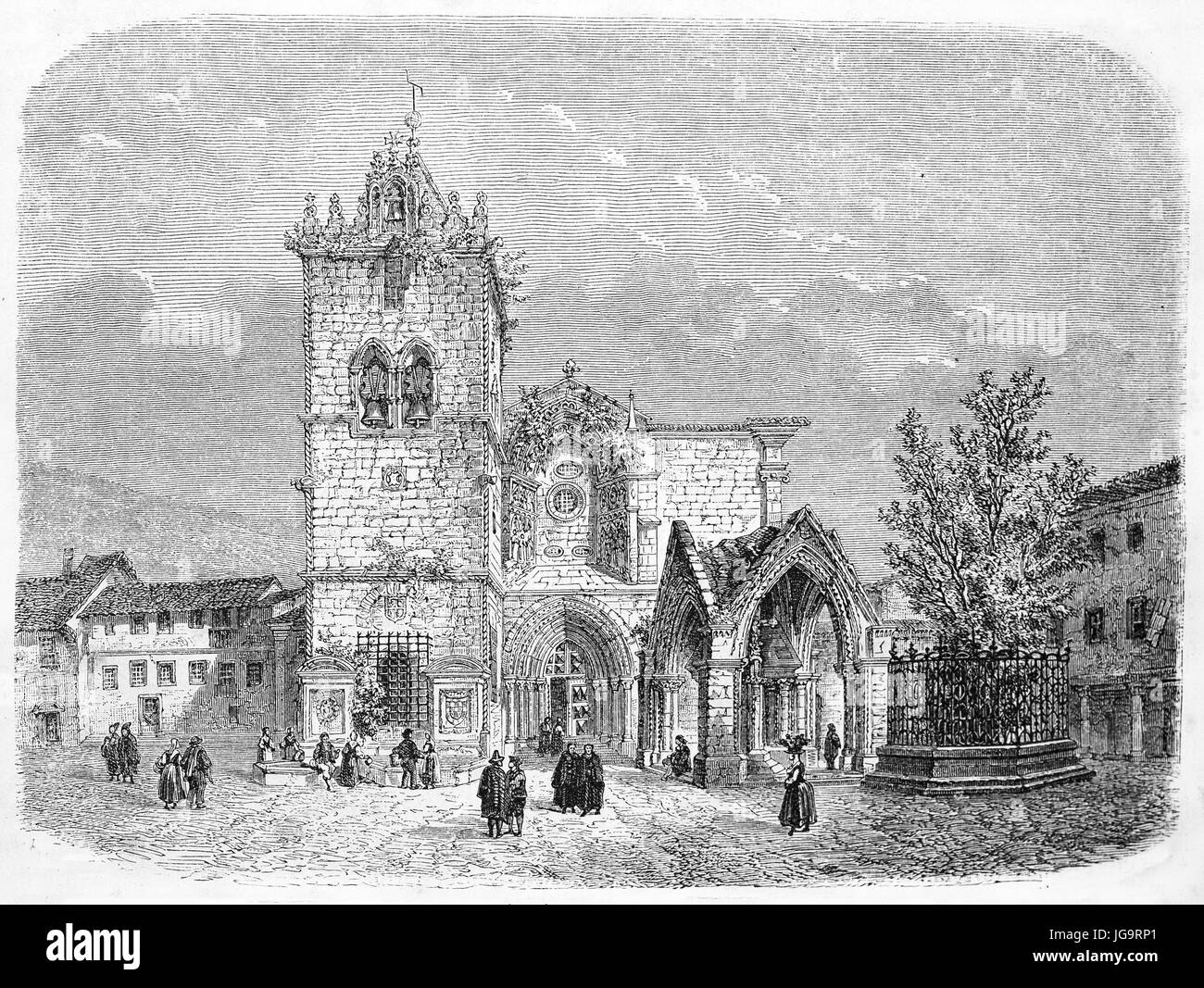 Igreja (Kirche) de Nossa Senhora da Oliveira, Portugal, aus Steinziegeln im gotischen Baustil. Ätzkunst von Catenacci, 1861 Stockfoto