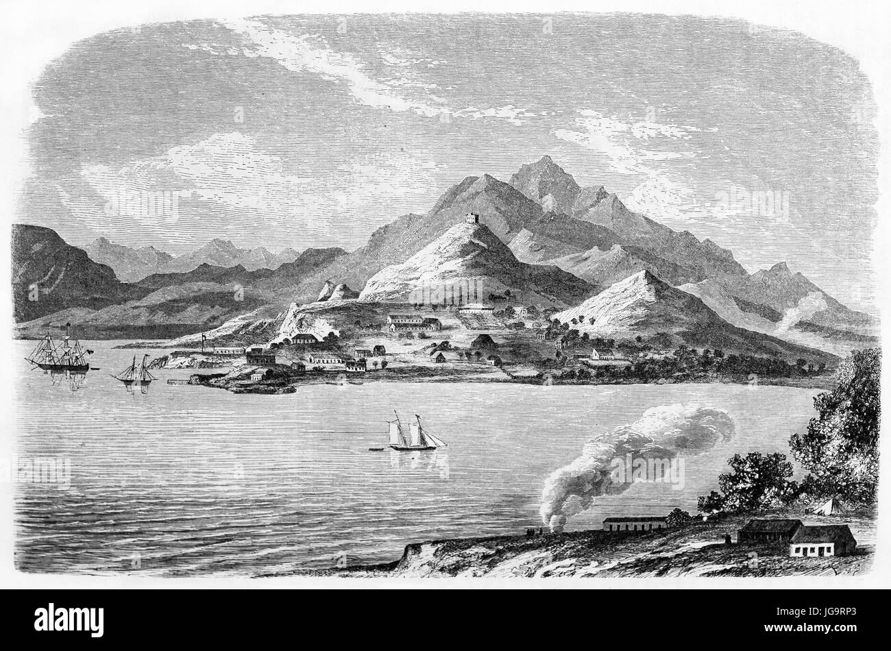 Großer Panoramablick auf die Landschaft Port-de-France, bei präsentiert Days Nouméa, Neukaledonien, aus der Ferne Front Ufer. Kunst von Bérard, Le Tour du Monde, 1861 Stockfoto