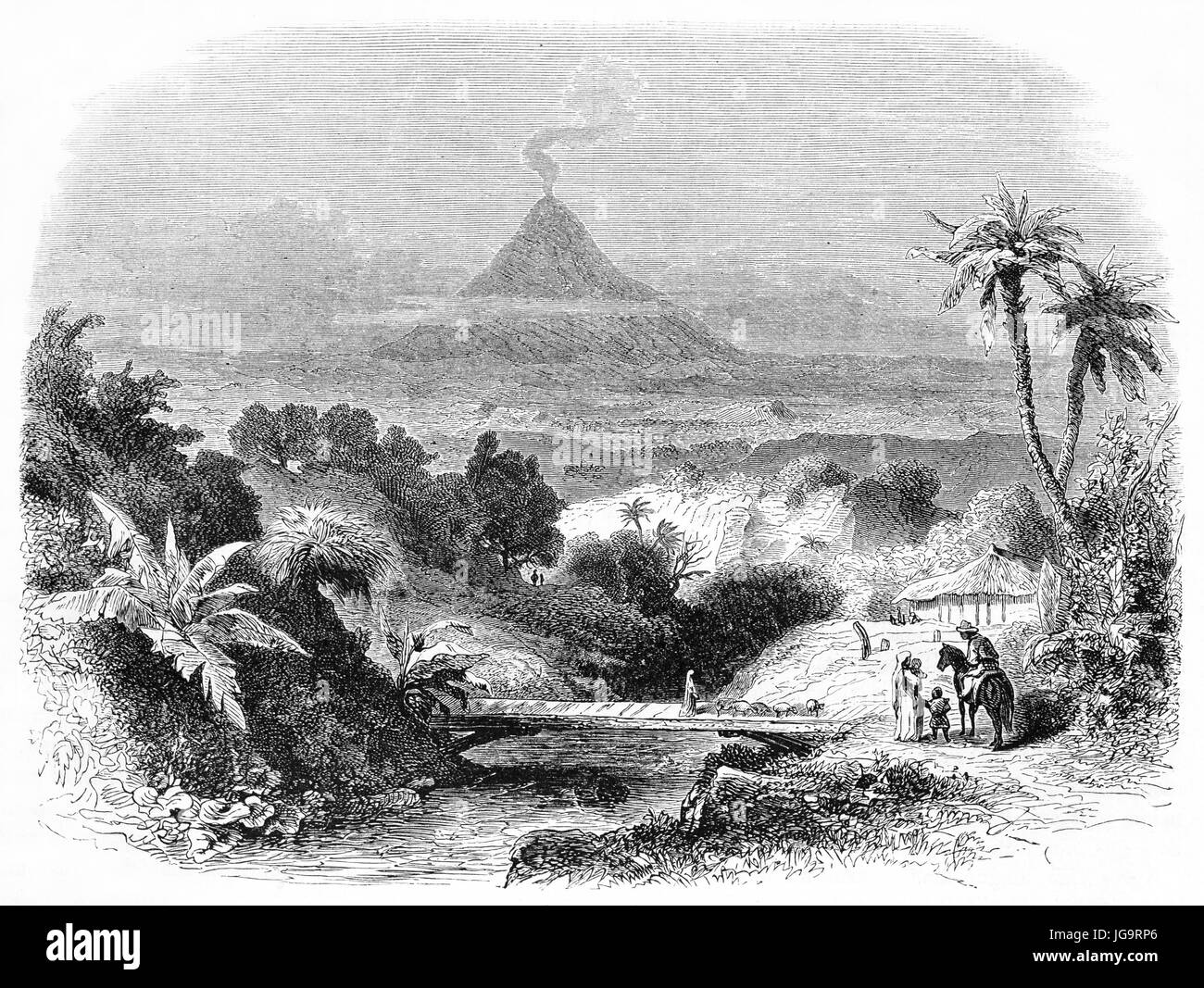 Mexikanische Landschaft mit Vegetation und Pico de Orizaba rauchenden Vulkan im Hintergrund Entfernung. Alte graue Ton Radierung Stil Kunst von Francais, 1861 Stockfoto