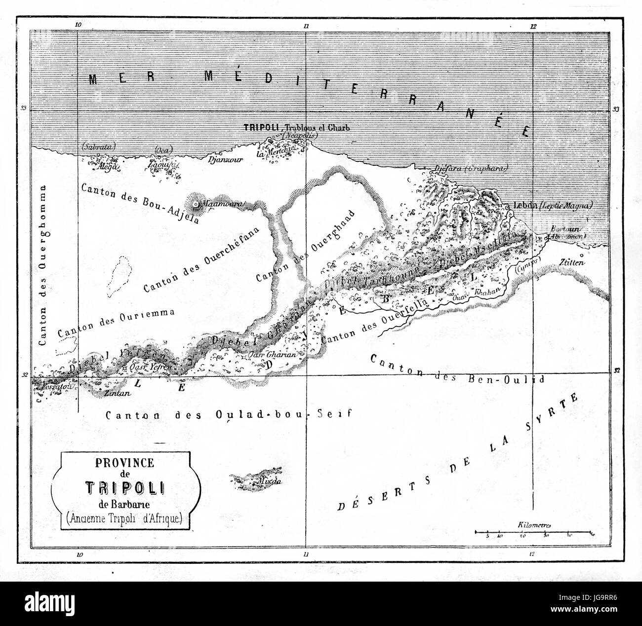 Schwarz-weiß quadratische Provinz Tripolis alte Karte. Antikes Grauton Radierung Stil Kunst von Erhard und Bonaparte, veröffentlicht auf Le Tour du Monde, 1861 Stockfoto