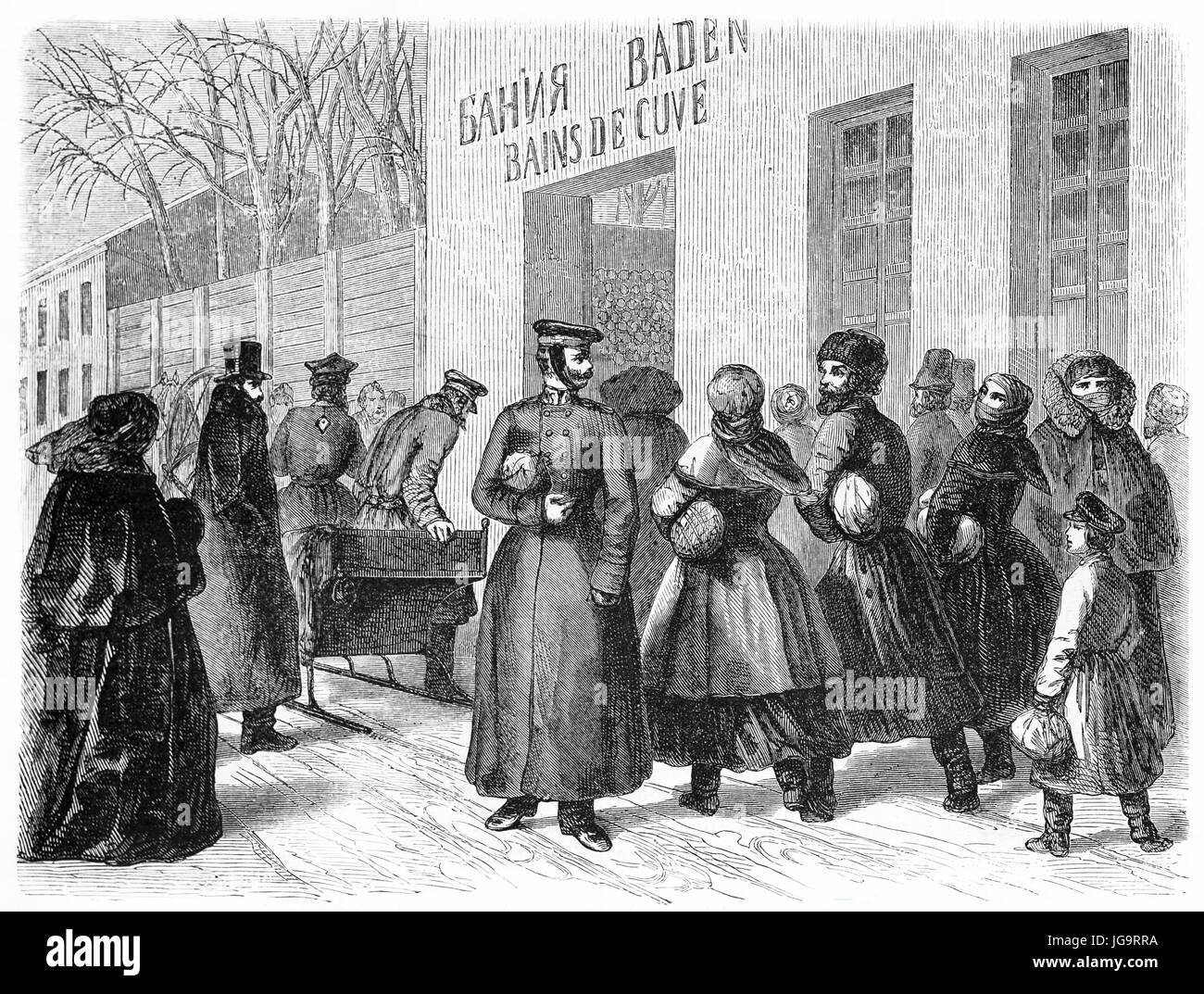 russische Leute gehen zum öffentlichen Bad am samstag, Sankt Petersburg, Russland. Alte graue Ton Radierung Stil Kunst von Blanchard, veröffentlicht am 1861 Stockfoto