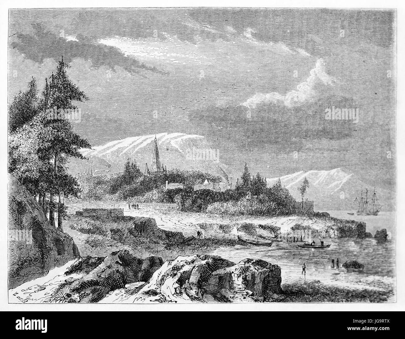 Kleiner Außenposten auf einer bewachsenen felsigen Meereslandschaft in Punta Arenas, Land of Fire, Chile. Alte graue Ton Radierung Stil Kunst von De Bérard, veröffentlicht am 1861 Stockfoto