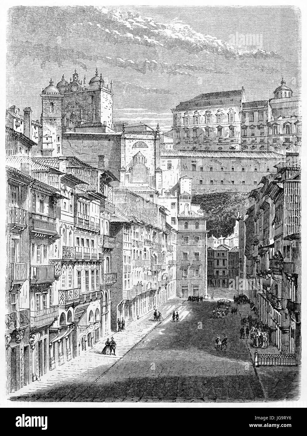 Kleine Ansicht von oben auf elegante Gebäude in der großen Rua Nova dos Ingleses, Porto, Portugal. Antikes Grauton Radierung Stil Kunst von Lancelot, 1861 Stockfoto