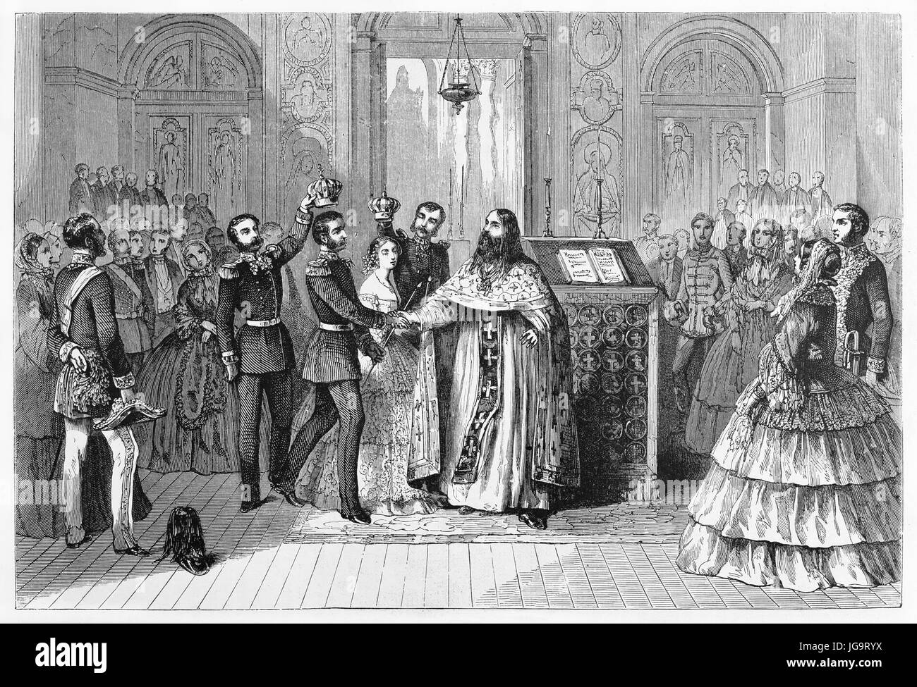 Aristokratische russische Hochzeit in einer Kapelle. Braut und Bräutigam erhalten eine Krone auf ihren Köpfen. Gray tone Radierung Stil Kunst von Blanchar 1861 Stockfoto