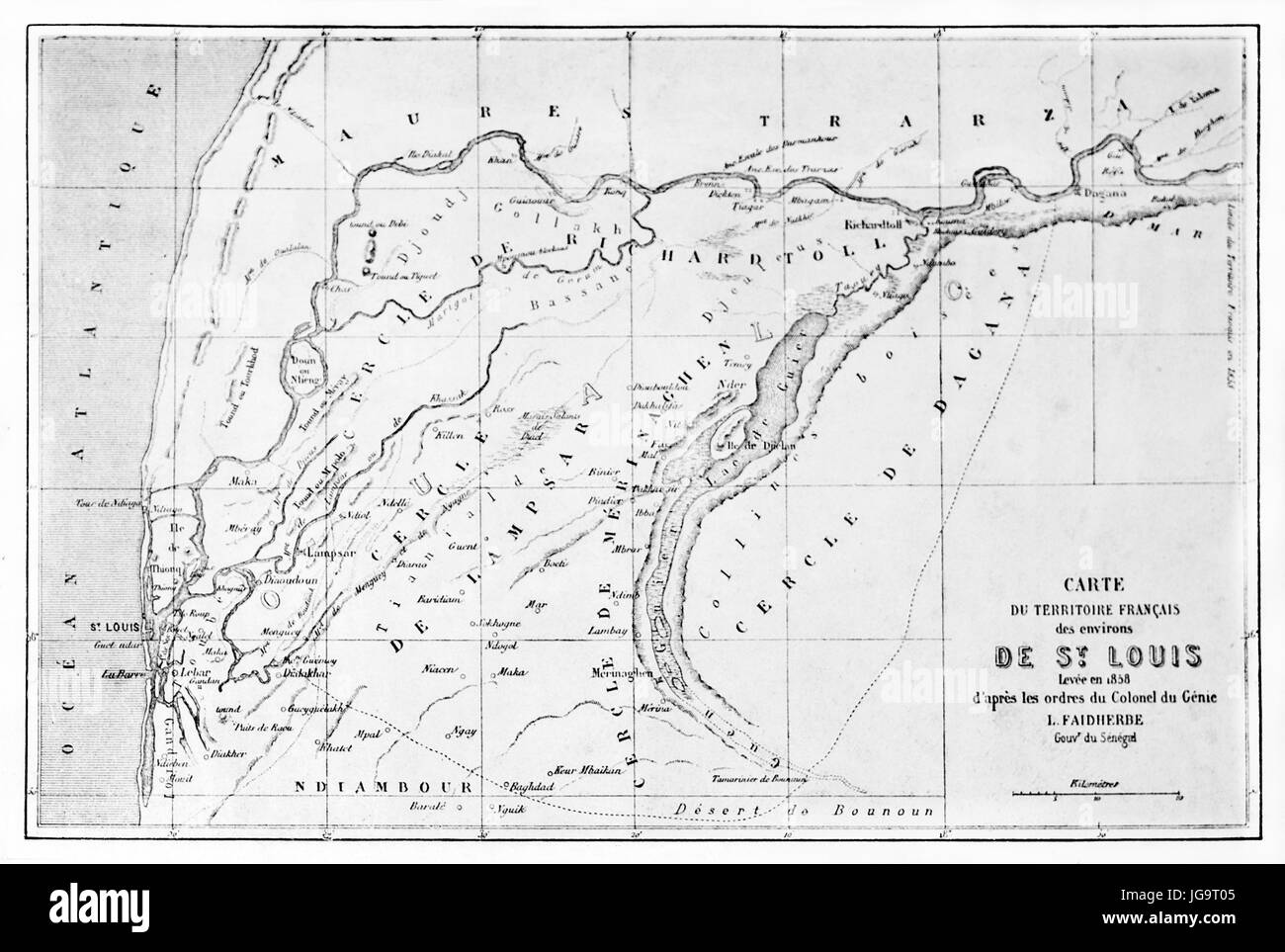 Schwarz-weiß rechteckige horizontal orientierte alte topographische Saint Louis Region Karte, Senegal. Alte graue Ton Radierung Stil Kunst von Blanchard 1861 Stockfoto