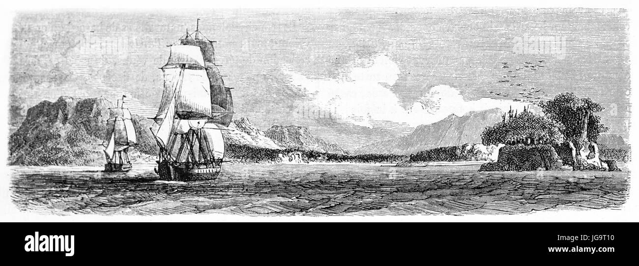 Rückansicht von Schiffen, die auf wenig gewelltem Meerwasser in Richtung Saint Nicholas Bay Eingang, Chile segeln. Alte graue Ton Radierung Stil Kunst von De Bérard 1861 Stockfoto