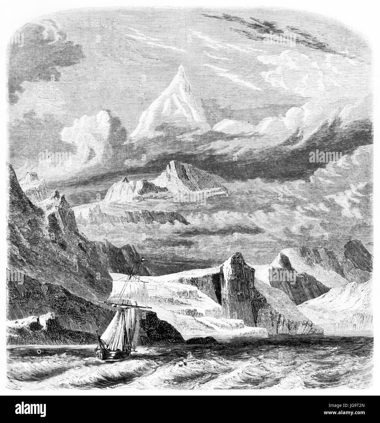 Monte Sarmiento im Land des Feuers, Chile, hoch in der Ferne auf der umliegenden Landschaft. Kunst von Erhard Erhard und Bonaparte 1861 Stockfoto