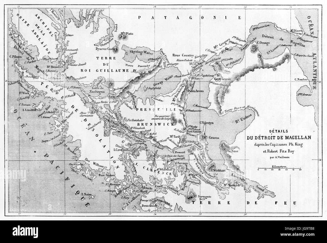 Schwarz-Weiß Straße von Magellan alte topographische Karte. Antikes Grauton Ätzkunst von Erhard und Bonaparte, veröffentlicht am 1861 Stockfoto