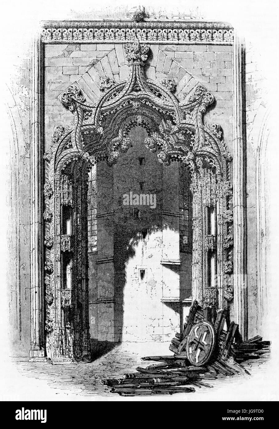 Unvollendete Kapellen Portal reich im Kloster von Batalha, Portuagal dekoriert. Alte graue Ton Radierung Stil Kunst von Therond, veröffentlicht am 1861 Stockfoto