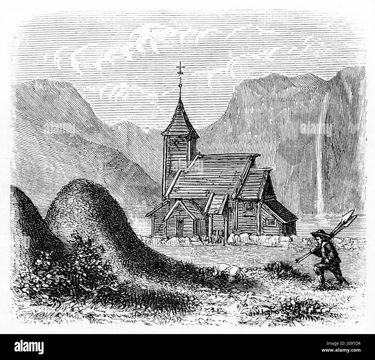Alte Ansicht von Vangsnaes Stabkirche, Norwegen (zur Zeit ersetzt durch ein gemauertes Gebäude). Alte graue Ton Radierung Stil Kunst von Huyot, 1861 Stockfoto