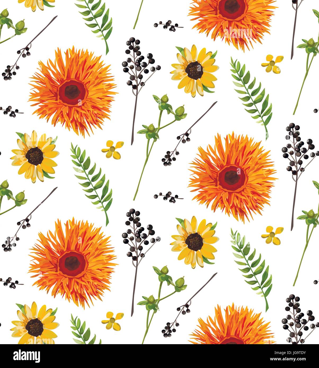 "Nahtlose Blumenmuster Vektorelement orange gelben Gerbera Blume Gänseblümchen, Aquarell Farn, saisonale Grünpflanzen, Beere Zweig. Elegante helle au Stock Vektor