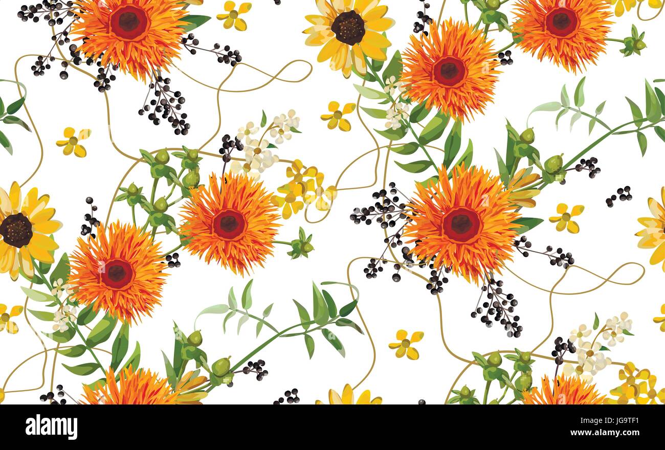 "Nahtlose Vektormuster: Blumensträuße von Orange gelbe Gerbera Blume Gänseblümchen, Farn, saisonale Grünpflanzen, Beere Zweig. Elegante helle Herbst Herbst Sommer Stock Vektor