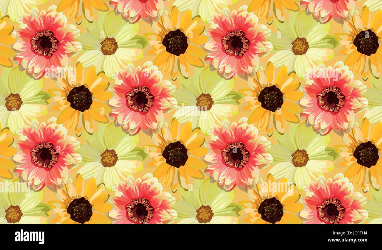 Vintage orange Dahlia gelben Sonnenblume wiederholt, dass schöne leuchtende gelbe rote orange Blüten nahtlose Tapete florales Design Aquarell Illu Hintergrund Stock Vektor